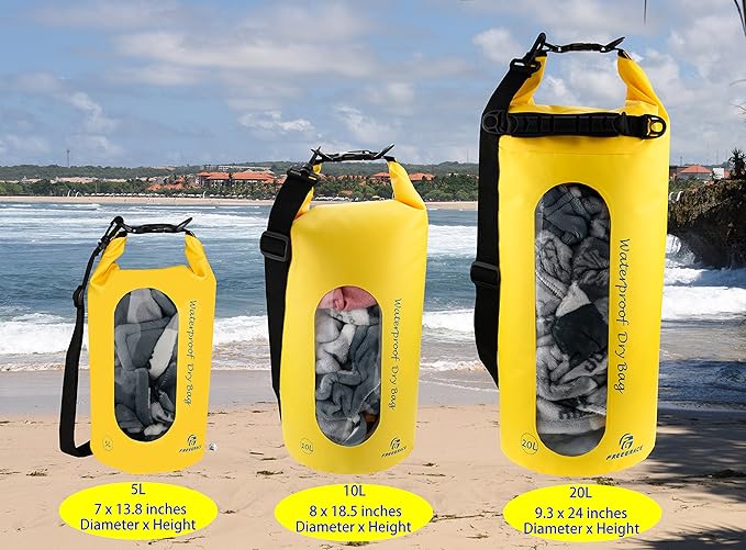 Freegrace Waterproof Dry Bags Set of 3 Dry Bag with 2 Zip Lock Seals & Detachable Shoulder Strap, Waist Pouch & Phone Case - Can Be Submerged Into Water - for Swimming (Yellow(Window), 20L)