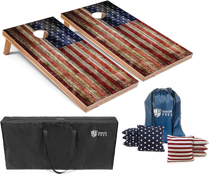 Tailgating Pros American Themed Lightweight Corn Hole Board Set w/Multicolored Built-in LED Lights, Bean Bags and Carrying Case - 4'x2' Cornhole Toss