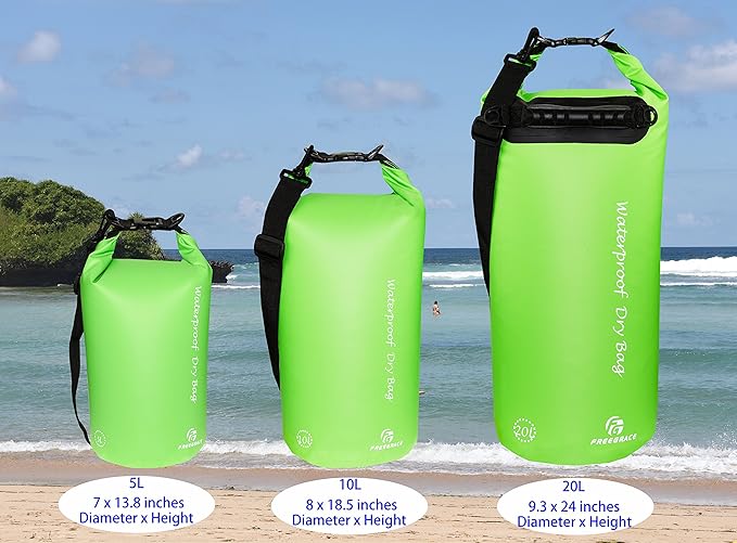 Freegrace Waterproof Dry Bags Set of 3 Dry Bag with 2 Zip Lock Seals & Detachable Shoulder Strap, Waist Pouch & Phone Case - Can Be Submerged Into Water (Green, 20L)