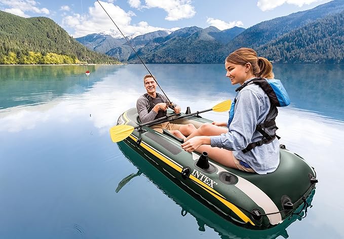 INTEX Seahawk Inflatable Boat Series: Includes Deluxe Aluminum Oars and High-Output Pump – SuperStrong PVC – Fishing Rod Holders – Heavy Duty Grab Handles – Gear Pouch