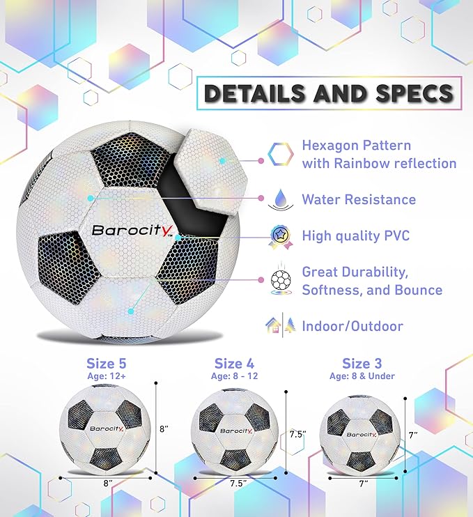 Soccer Ball - Premium Boy and Girl Official Match Ball with Cool Reflective Iridescent Rainbow Hex Pattern, Durable, Indoor, Outdoor, Training, Practice, Playtime and Games