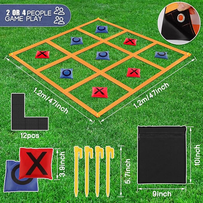 Giant Tic Tac Toe Strap Game Indoor Outdoor, 4 Ft X 4 Ft Portable Tic Tac Toe Bean Bag Toss Game, Large Yard Toss Game Tic Tac Toss Across Camping Games for Kids & Families -Orange