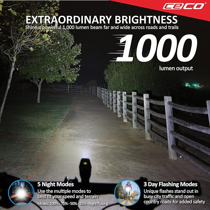 CECO-USA: 1000 Lumen Headlight & 80 Lumen COB LED Tail Light for Cyclists who Want to See far & to be seen from Super Wide Angle. Brightest USB Rechargeable Bike Light Set Available for All Cyclists