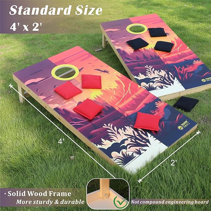 Cornhole Board Set 4FTx2FT Solid Wood Regulation Size Cornhole Set Includes 8 Cornhole Bags for Adults