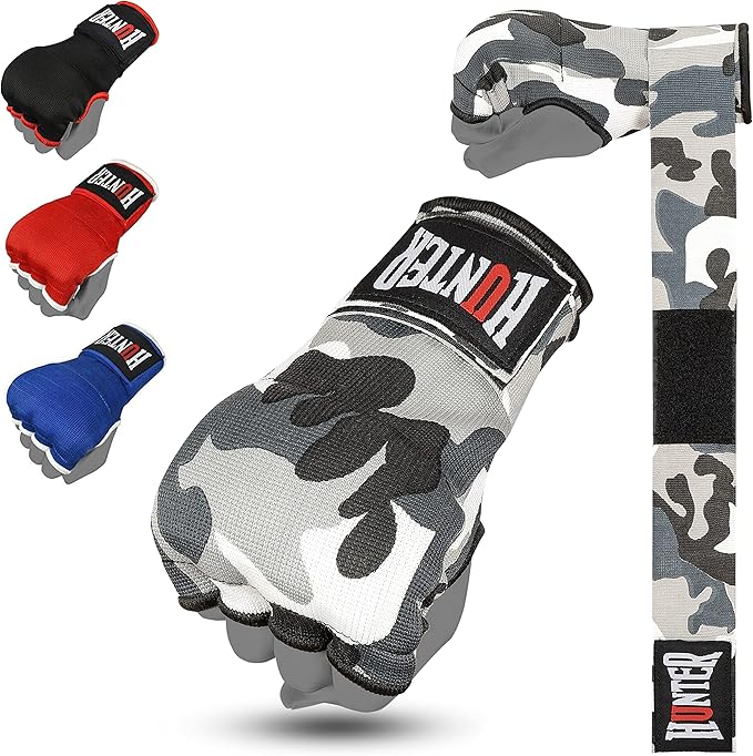 HUNTER Gel Padded Inner Gloves with Hand Wraps for Boxing, Quick Elastic Training Wraps for Men & Women, Muay Thai MMA Kickboxing Martial Arts Knuckle Wrist Protector (Pair)