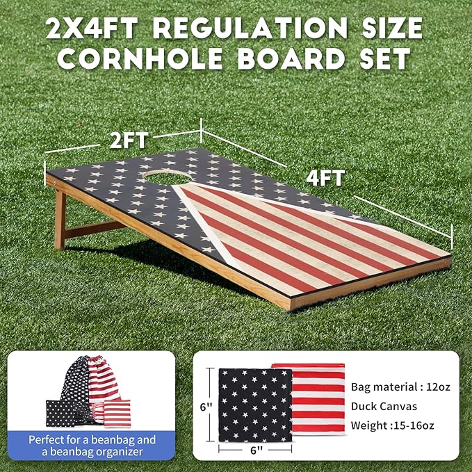 Cornhole Set, Corn Holes Outdoor Game, Regulation Cornhole Boards, Portable Cornhole Set, Classic American Flag Cornhole Set Includes 2 Boards, 8 Cornhole Beans Bags & Carry Case