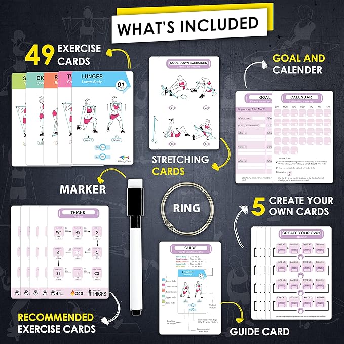 Pilates Bar Workout Cards - 58 Exercise Cards with Pilates Stick Work Out Postures, Instructions & Breathing Tips | Free Ring & Dry-Erase Marker to Create Your Customize Workout Planner Chart