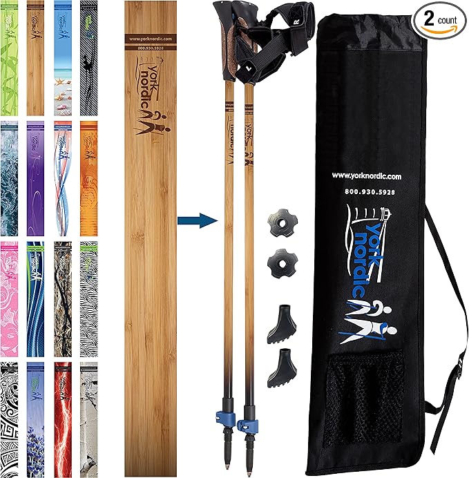 Official Nordic Walking Poles - True Classic Nordic Glove Grips, Lightweight, Adjustable, and Collapsible -2 Pieces w/flip Locks, Detachable Feet and Travel Bag by York Nordic - Heights 5'4"-6'2"