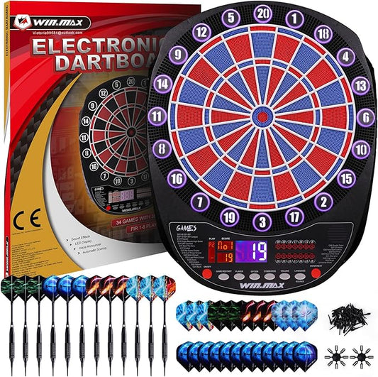 WIN.MAX Electronic Dart Board Soft Tip Dartboard Set LED Displays 3 Languages with 12 Darts 100 Tips Power Adapter