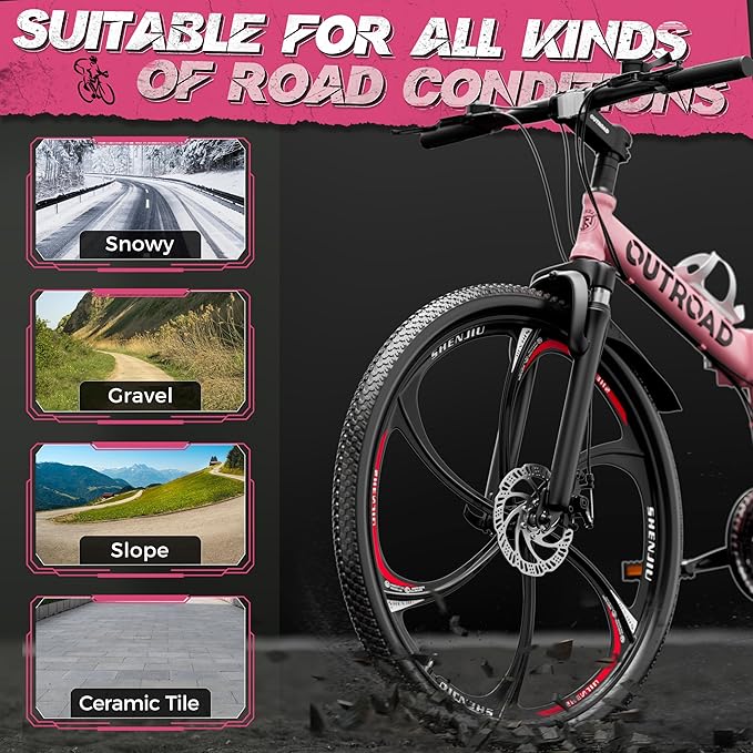 Outroad Folding Mountain Bike Foldable/Unfoldable Bike 26 Inch for Adult, 21-Speed Dual Suspension High-Carbon Steel MTB Foldable Bicycle, Dual Disc Brake Folding Bikes for Women and Men