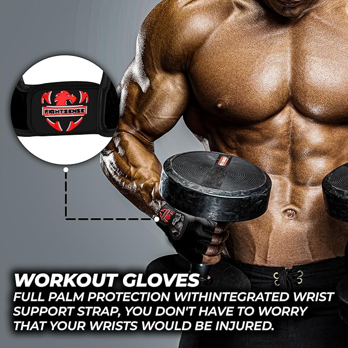 FIGHTSENSE Workout Gloves for Men Women, Weight Lifting Gloves with Non-Slip Silicon Padded Palm, Breathable, Lightweight Exercise Gym Gloves for Weightlifting Powerlifting Cycling Rowing