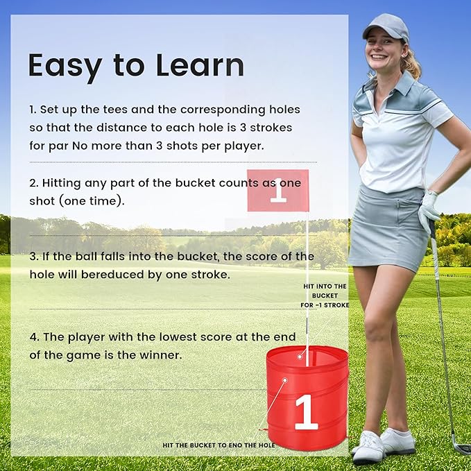 Golf Bucket Yard Game 6-Hole Set with 2 Clubs, Portable Outdoor Yard Game for Family and Adults, Golf Chipping Practice for Lawn, Beach, Camping, Park