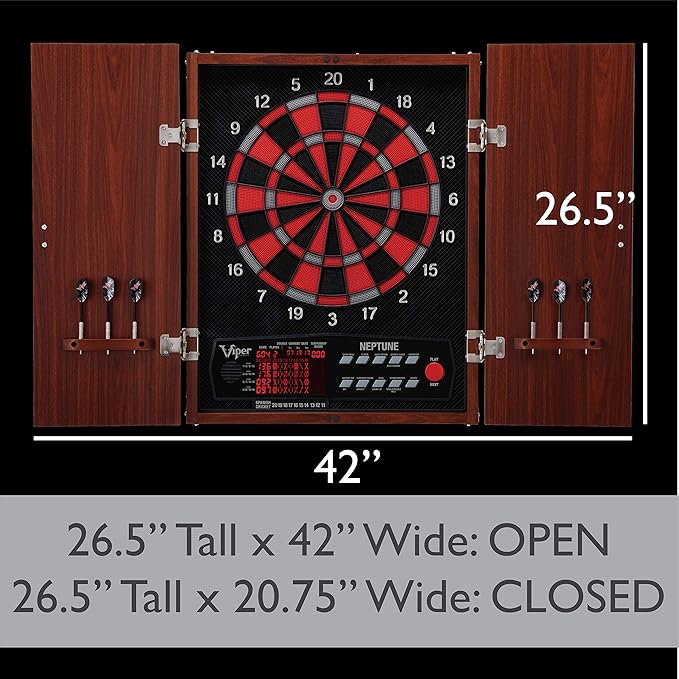 Viper by GLD Products Neptune Electronic Dartboard Cabinet Combo Pro Size Over 55 Games Large Auto-Scoring LCD Cricket Display Extended Dart Catch Area 16 Player Multiplayer with Soft Tip Darts and Power Adapter , 21.5" L x 26.5" W x 3.5" H