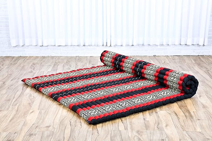 Leewadee - Foldable Floor Mattress - Japanese Roll Up Futon -Trifold Tatami Mat- Guest Floor Bed - Camping Mattress - Thai Massage Mat, Kapok Filled, 75 x 57 inches, Black Red