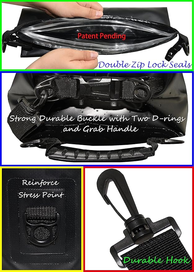 Freegrace Waterproof Dry Bags Set of 3 Dry Bag with 2 Zip Lock Seals & Detachable Shoulder Strap, Waist Pouch & Phone Case - Can Be Submerged Into Water (Black, 20L)