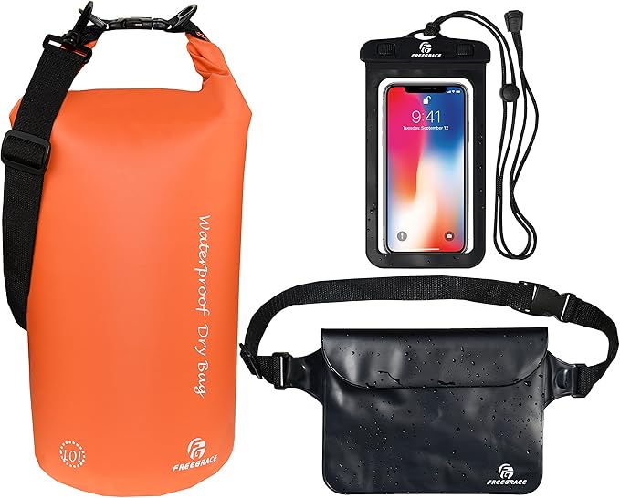 Freegrace Waterproof Dry Bags Set Of 3 - Dry Bag With 2 Zip Lock Seals, Waist Pouch & Phone Case - Can Be Submerged Into Water For Swimming, Kayak, Rafting & Boating (Without Window, Orange, 20L)