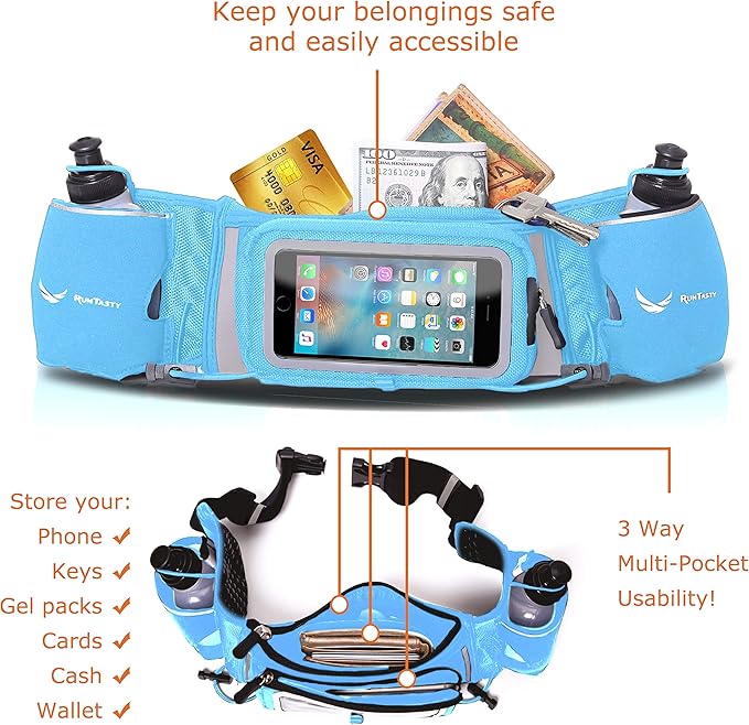 No.1 Hydration Belt by Runtasty - Premium Running Fuel Belt w/2 BPA-Free 10 oz Water Bottles, Tilt-Up Pocket w/Touchscreen-Ready Cover - Fits All iPhones, Runners Ebook & No-Bounce Design