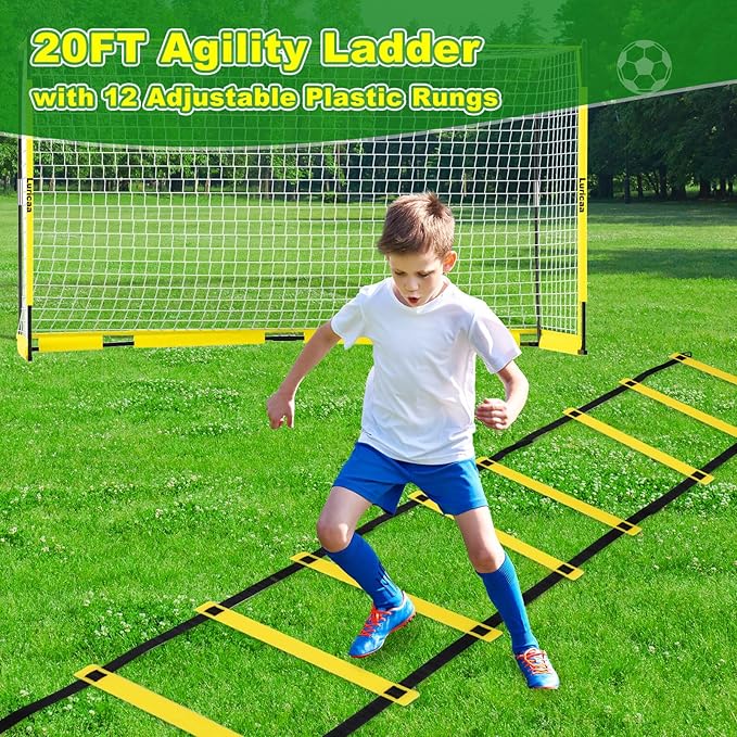 Collapsible Soccer Goal, 12×6 ft /6×4 ft Portable Soccer Goal Net for Backyard, Quick Setup Soccer Goals with 1 Carry Bag, 1 Agility Ladder, 4 Ground Nails,12 Training Cones