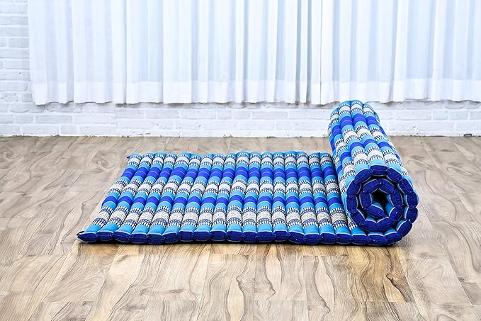 Leewadee - Foldable Floor Mattress - Japanese Roll Up Futon -Trifold Tatami Mat- Guest Floor Bed - Camping Mattress - Thai Massage Mat, Kapok Filled, 75 x 57 inches, Blue