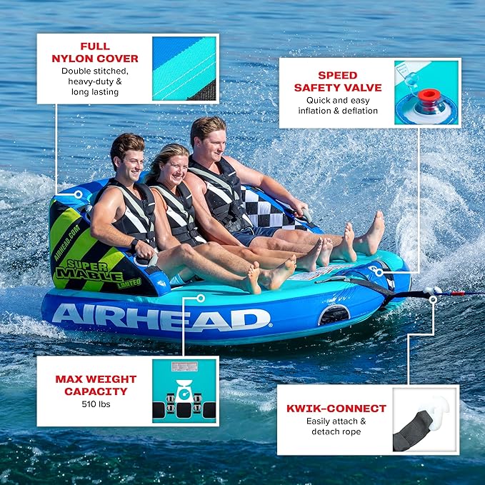 Airhead Mable Inflatable Towable Tube, 1-4 Rider Models, Dual Tow Points, Full Nylon Cover, EVA Foam Pads, Patented Speed Valve, Boat Tubes and Towables