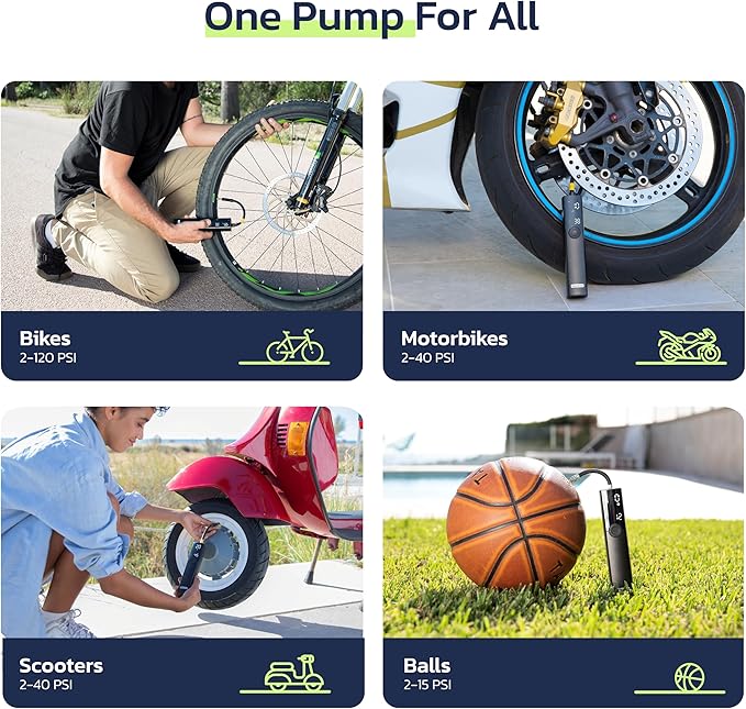 Woowind BP188 Bike Pump, The Pro Electric Bicycle Pump Tire Inflator Portable Air Compressor with Schrader, Presta and Dunlop Valve Adapters - 120~150PSI Options