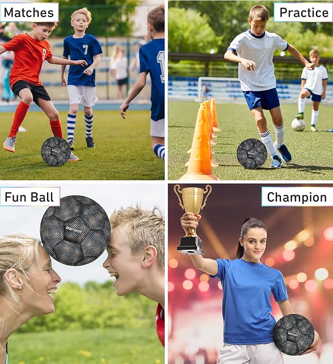 Soccer Ball - Premium Boy and Girl Official Match Ball with Cool Reflective Iridescent Rainbow Hex Pattern, Durable, Indoor, Outdoor, Training, Practice, Playtime and Games