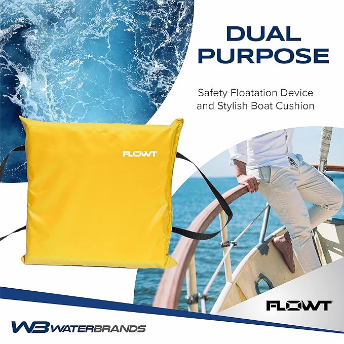Flowt Boat Seat Cushion and Throw Cushion for Boat Safety – USCG Approved Type IV, Life Cushion for Boat, Durable, Comfortable Boat Seat Cushions for Kayaks, Paddle Board, Canoe and Boating - Yellow