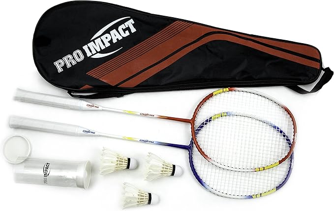 Pro Impact Badminton Racket Set - Lightweight Aluminum Head Rackets with Steel Shaft, Feather Shuttlecocks, Durable Carrying Case - Perfect for Outdoor Games, Adults, Kids, and Family Fun