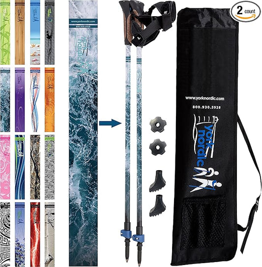 Official Nordic Walking Poles - True Classic Nordic Glove Grips, Lightweight, Adjustable, and Collapsible -2 Pieces w/flip Locks, Detachable Feet and Travel Bag by York Nordic - Heights 5'4"-6'2"