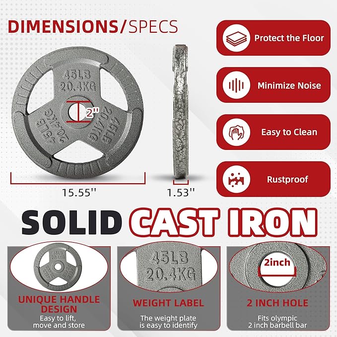 Cast Iron Gym Weight Plates | 1" and 2" Olympic Bumper Plates for Weightlifting, CrossFit, Deadlift, and Squat