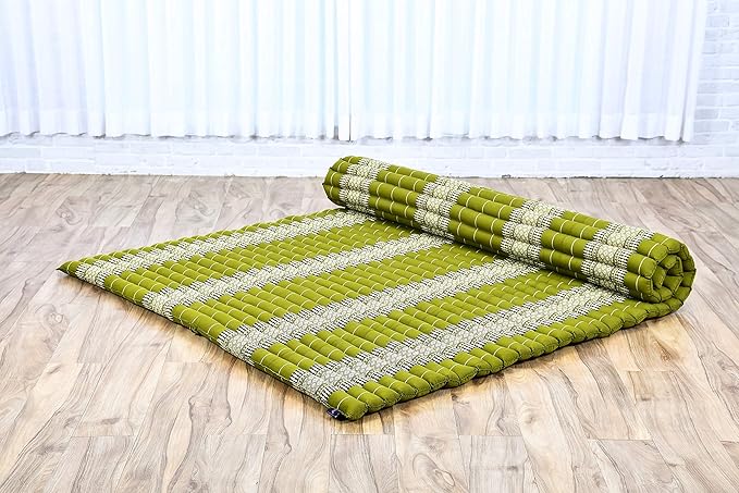 Leewadee - Foldable Floor Mattress - Japanese Roll Up Futon -Trifold Tatami Mat- Guest Floor Bed - Camping Mattress - Thai Massage Mat, Kapok Filled, 75 x 57 inches, Green