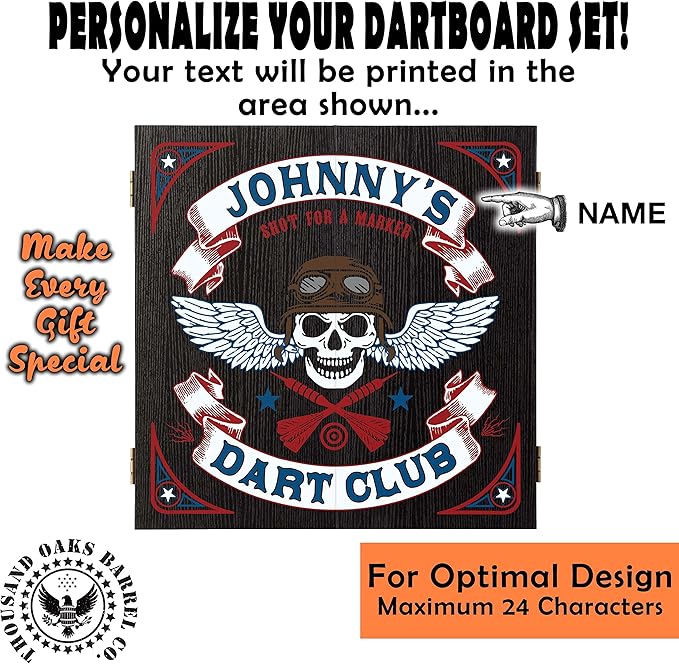 THOUSAND OAKS BARREL CO. | Personalized Dartboard & Cabinet Set with 6 Steel Tip Darts