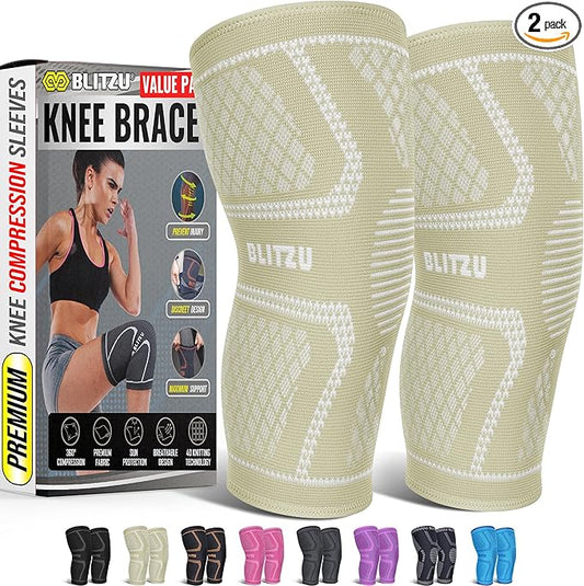 Knee Brace for Women & Men, 2 Pack Compression Knee Brace, Knee Support Sleeve for Pain Relief, Running, Workout, Sports, Knee Braces for ACL, Meniscus Tear, Arthritis and Injury Recovery Beige XL