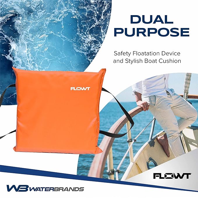 Flowt Boat Seat Cushion and Throw Cushion for Boat Safety – USCG Approved Type IV, Life Cushion for Boat, Durable, Comfortable Boat Seat Cushions for Kayaks, Paddle Board, Canoe and Boating - Orange