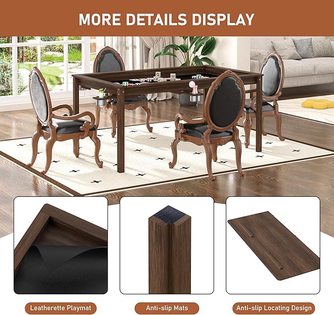 MUPATER Solid Wood Board Game Table with 58” x 33” Gaming Space and Removable Table Top, Modular Game and Dining Table for Adults, Includes Cup Holders and Leatherette Play Mat