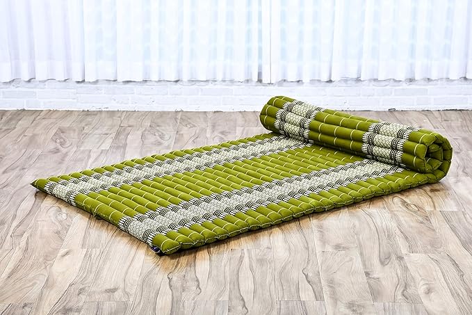 Leewadee - Kapok Roll Mat – Handcrafted Folding Sleep & Relaxation Mattress from Thailand, Ideal as Guest Bed, Camping Mat, Yoga Mat or Traditional Futon, 75 x 39 inches, Green