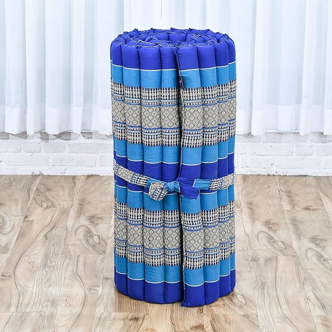 Leewadee - Foldable Floor Mattress - Japanese Roll Up Futon -Trifold Tatami Mat- Guest Floor Bed - Camping Mattress - Thai Massage Mat, Kapok Filled, 75 x 28 inches, Blue