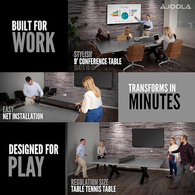 JOOLA Outdoor Table Tennis Table - Multi Use Conference Table Dining Table - Concrete Wood Look Includes Steel Outdoor Ping Pong Net Set & Frame - Hybrid Indoor Outdoor Ping Pong Table
