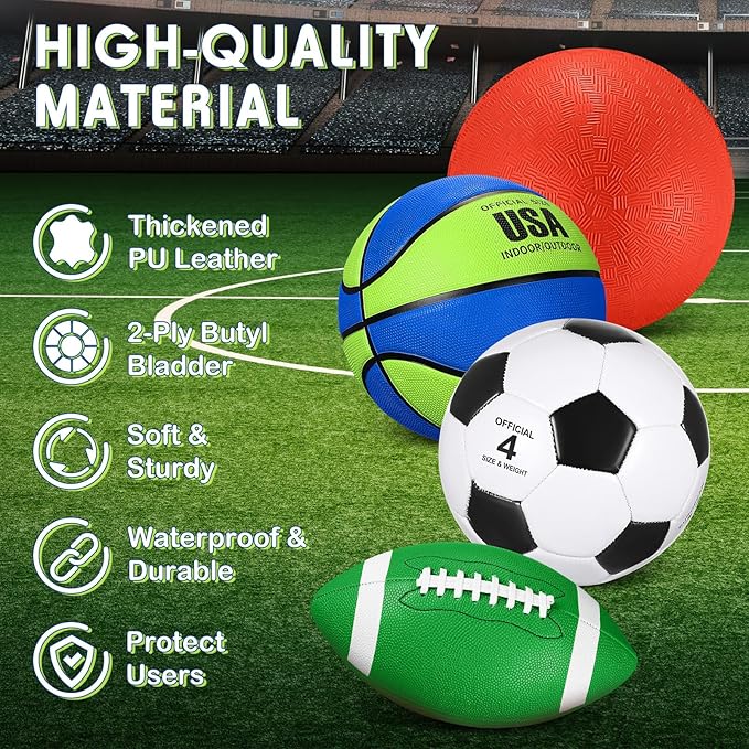 Deekin 4 Pcs Sport Balls Set for Kids Teens, Include Official Size 5 Basketball 4 Soccer 6 Football Playground Ball and Pump Sports Equipment Bag Recess Equipment Sport for Students(Navy Blue, Green)