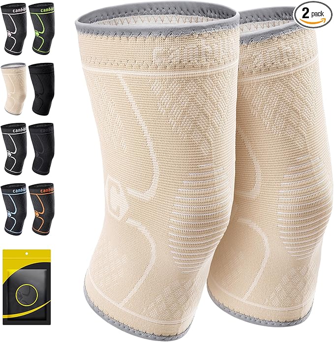CAMBIVO 2 Pack Knee Brace, Knee Compression Sleeve for Men and Women, Knee Support for Running, Workout, Gym, Hiking, Sports (Beige,X-Large)