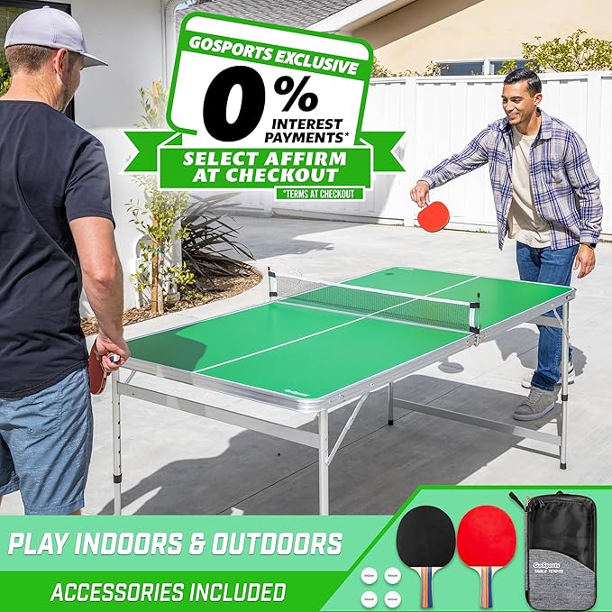 GoSports 6 x 3 ft Mid-Size Table Tennis Table Set with Adjustable Height - Green or Blue