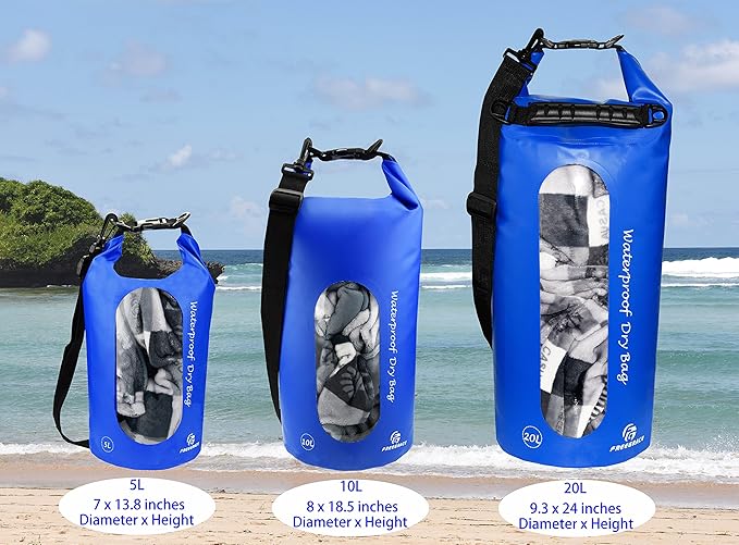 Freegrace Waterproof Dry Bags Set of 3 Dry Bag with 2 Zip Lock Seals & Detachable Shoulder Strap, Waist Pouch & Phone Case - Can Be Submerged Into Water - for Swimming (Navy Blue(Window), 20L)