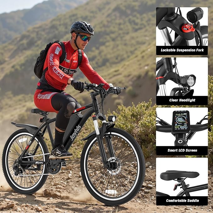 Electric Bike for Adults, 26'' Ebike, Up to 20-60 Miles 22MPH Electric Mountain Bike with 48V Removable Battery, Adjustable Stem, Fenders, Lockable Suspension Fork