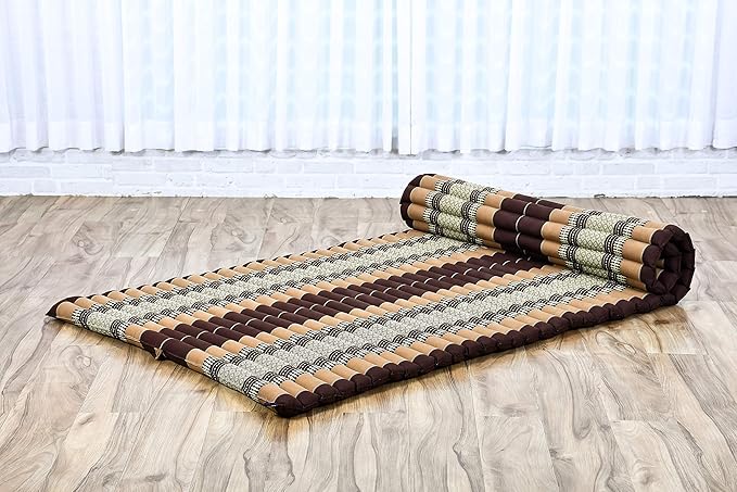 Leewadee - Kapok Roll Mat – Handcrafted Folding Sleep & Relaxation Mattress from Thailand, Ideal as Guest Bed, Camping Mat, Yoga Mat or Traditional Futon, 75 x 39 inches, Brown
