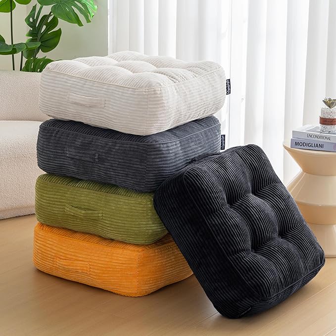 8" Washable Floor Pillow Cushion for Adults, Meditation Cushion Pillow, Large Square Floor Sitting, Removable Tufted Corduroy Cover, for Tatami Living Room or Yoga, 22x22 Inch, 2Pack, Machine Washable