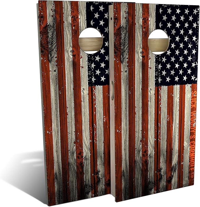 Slick Woody's Professional-Grade Cornhole Boards - 4'x2' Solid Wood Regulation Woodgrain Flag Bean Bag Toss Game with 8 Resin Filled Bags