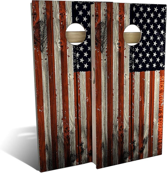 Slick Woody's Professional-Grade Cornhole Boards - 4'x2' Solid Wood Regulation Woodgrain Flag Bean Bag Toss Game with 8 Resin Filled Bags