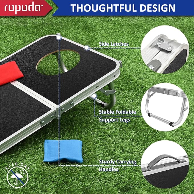 ROPODA Portable Cornhole Board Set,24 x 16 in Corn Hole Games for Adults with 8 Bean Bags, Lightweight Aluminum Alloy Edging Cornhole Set for Outdoor Games，Beach and Tailgates.