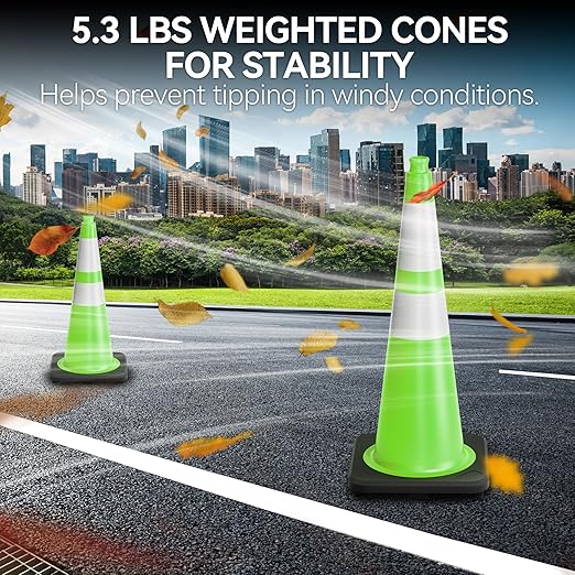 28 Inch Traffic Cones with Heavy Weighted Base (8 Pack) - Green Safety Cones with Reflective Collars for Parking Lots, Road Construction, and Event Control
