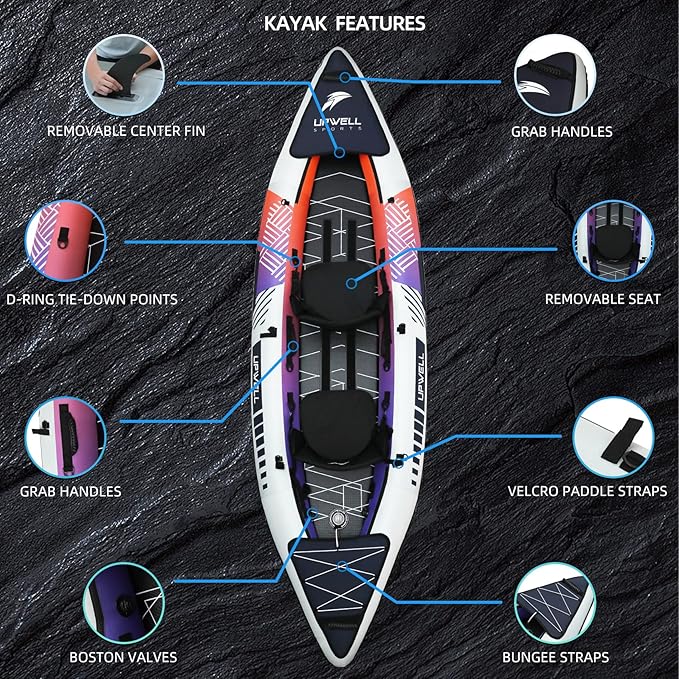 UPWELL 13'6”/11' Inflatable Recreational Kayak - 2 Person with Drop Stitch Floor and Accessories Including Kayak Seats with High Back Support, Paddle, Fin, Repair Kits, Carry Bag and Hand Pump